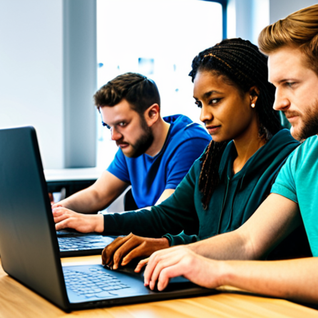 오픈소스 기여를 위한 기초 개념과 용어 - Collaborative Coding Session**

"A diverse group of people collaboratively coding on laptops in a br...