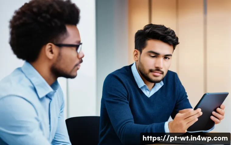 오픈소스 기여 시 발생할 수 있는 갈등 해결 방법 - **Prompt:** A diverse group of four software developers, aged mid-20s to late 40s, in a modern, well...