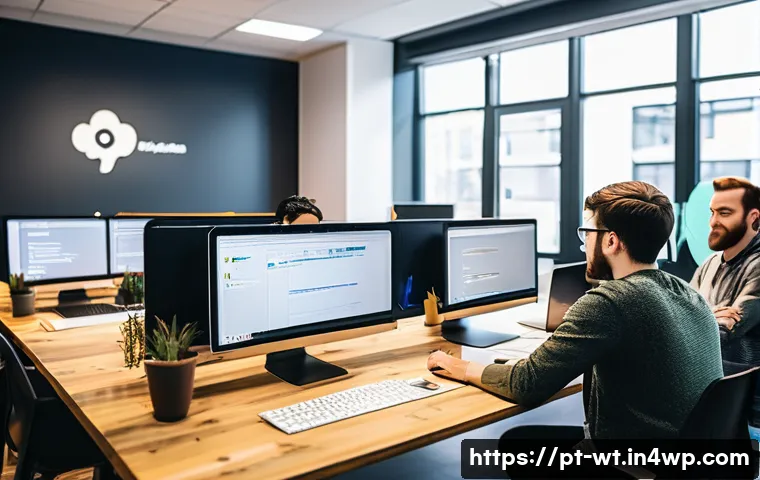 오픈소스 기여를 위한 지속적인 피드백 방법 - A diverse group of software developers collaborating in a modern, bright coworking space, focused on...