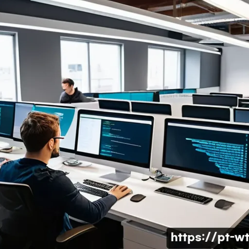 오픈소스 기여를 위한 코드 작성 베스트 프랙티스 - A modern office workspace featuring diverse software developers collaborating around a large table w...