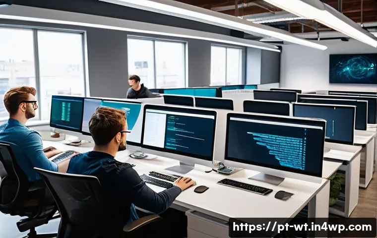 오픈소스 기여를 위한 코드 작성 베스트 프랙티스 - A modern office workspace featuring diverse software developers collaborating around a large table w...