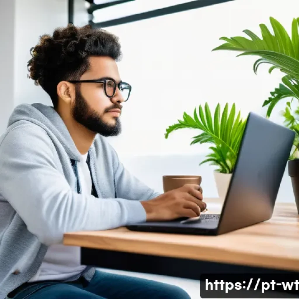 초보자를 위한 오픈소스 기여 가이드 - A young Brazilian software developer sitting at a modern home office desk, focused on a laptop scree...