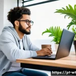 초보자를 위한 오픈소스 기여 가이드 - A young Brazilian software developer sitting at a modern home office desk, focused on a laptop scree...