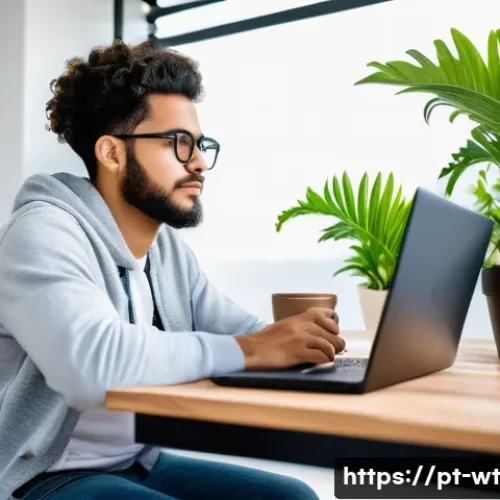 초보자를 위한 오픈소스 기여 가이드 - A young Brazilian software developer sitting at a modern home office desk, focused on a laptop scree...