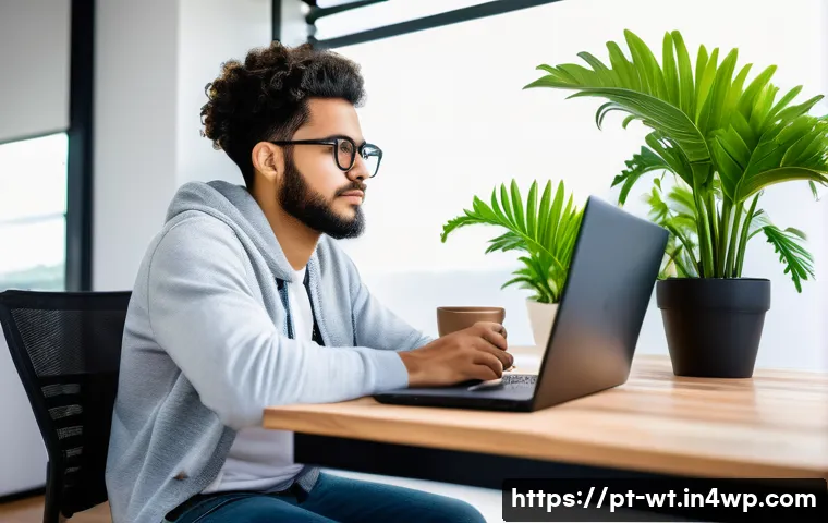 초보자를 위한 오픈소스 기여 가이드 - A young Brazilian software developer sitting at a modern home office desk, focused on a laptop scree...