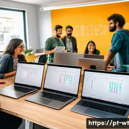 오픈소스 기여의 가치와 장점 - A diverse group of enthusiastic open source contributors collaborating in a modern coworking space i...