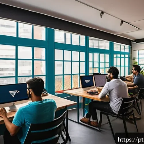 오픈소스 기여와 협력의 중요성 - A vibrant co-working space in São Paulo, Brazil, filled with diverse software developers collaborati...