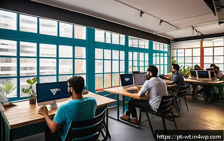 오픈소스 기여와 협력의 중요성 - A vibrant co-working space in São Paulo, Brazil, filled with diverse software developers collaborati...