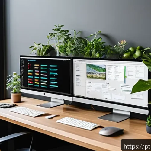 오픈소스 기여 시 자주 발생하는 오류와 해결법 - A modern, well-organized open source project workspace showing a developer’s desk with dual monitors...