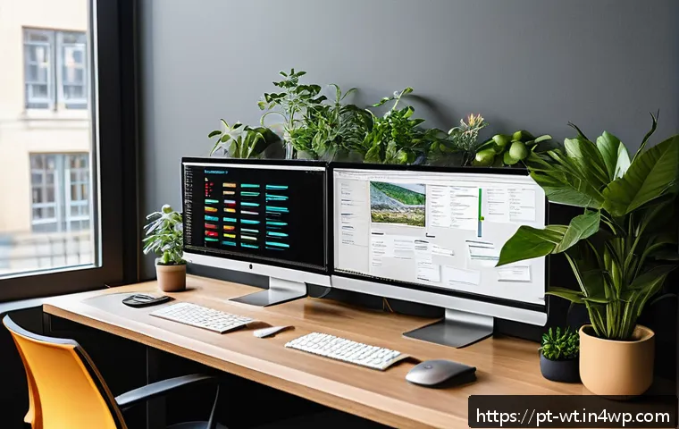 오픈소스 기여 시 자주 발생하는 오류와 해결법 - A modern, well-organized open source project workspace showing a developer’s desk with dual monitors...