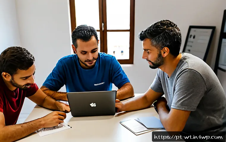 Home 17 오픈소스 프로젝트의 유지보수와 기여자 관리 - Photorealistic collaborative open-source project maintenance scene in a bright Lisbon coworking stud...